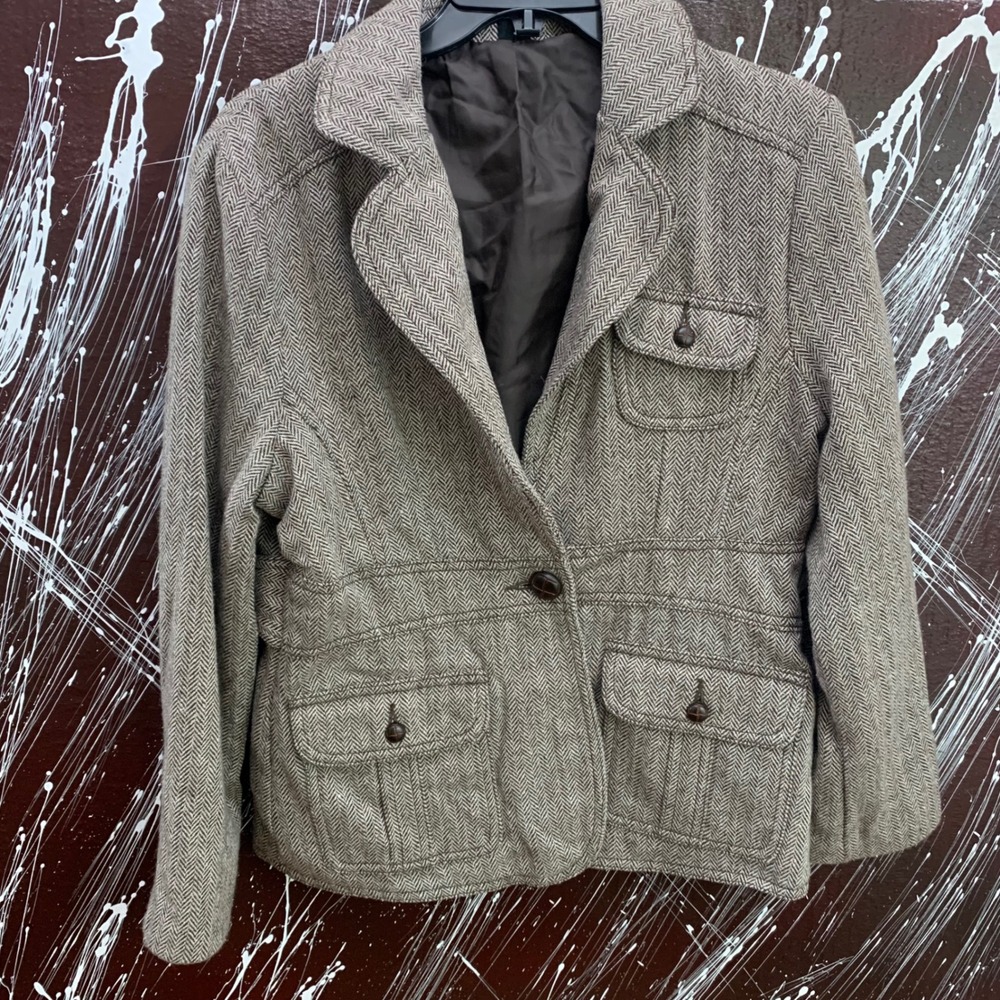 Ambition Brown Herringbone Wool Blend Blazer Jacket Vintage Shoulder Pads L